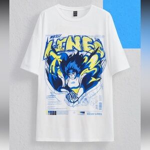 Graphic 'Messy Lines' White Tee with Blue & Yellow Anime Print